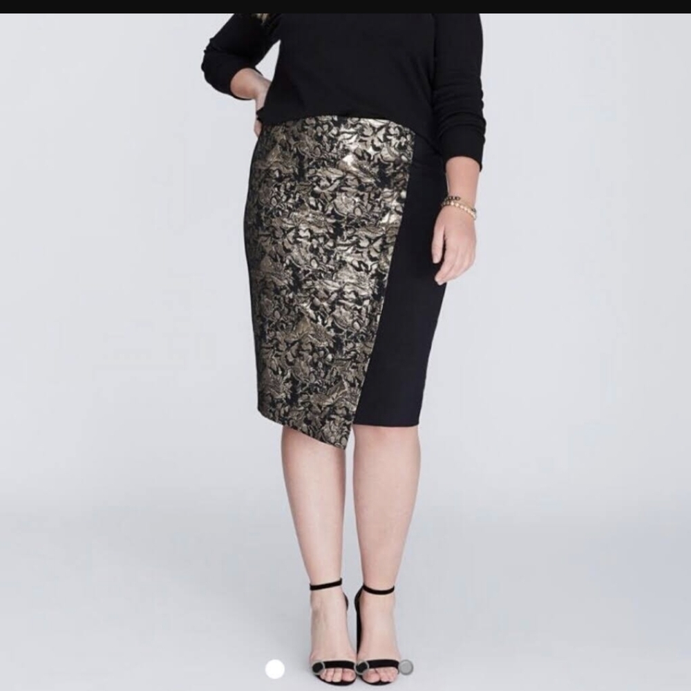 New LANE Bryant Pencil Skirt Metallic Black/Gold Floral Foil Skirt Sz 16